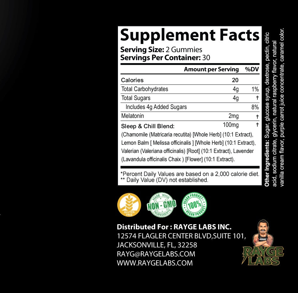 SLEEP-RAYGE Supplement Facts panel — Melatonin 2mg plus Sleep & Chill Blend (chamomile, lemon balm, valerian, lavender)